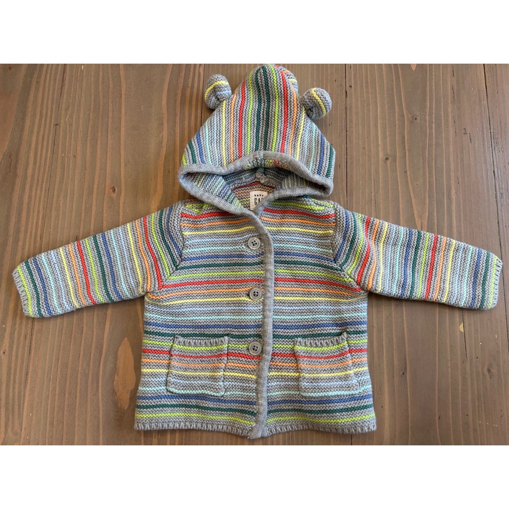 Cc2 Baby Gap Rainbow‎ Stripe Knit Cardigan Bear Ear Hooded Sweater Gray 3-6 M